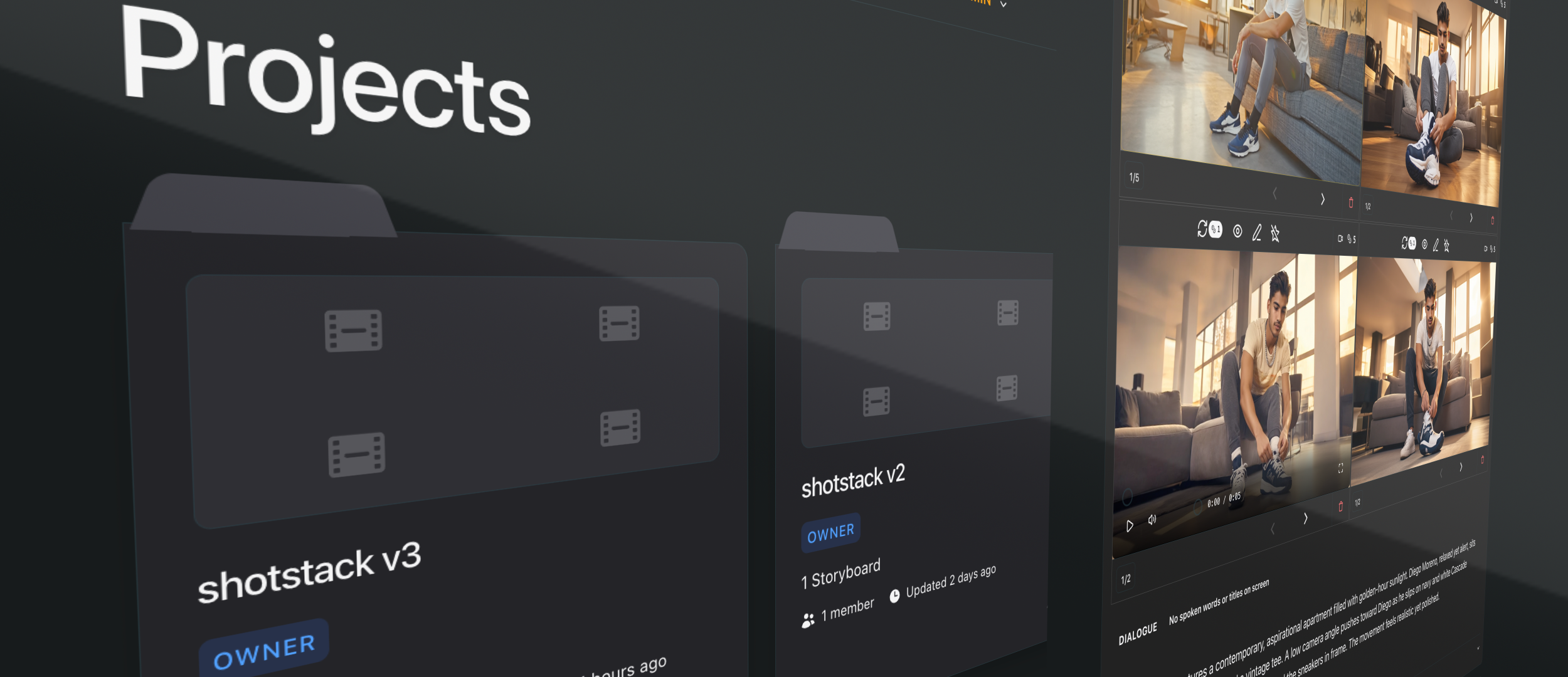 prePro.Studio storyboard interface showing shot cards with character tagging and AI-generated images